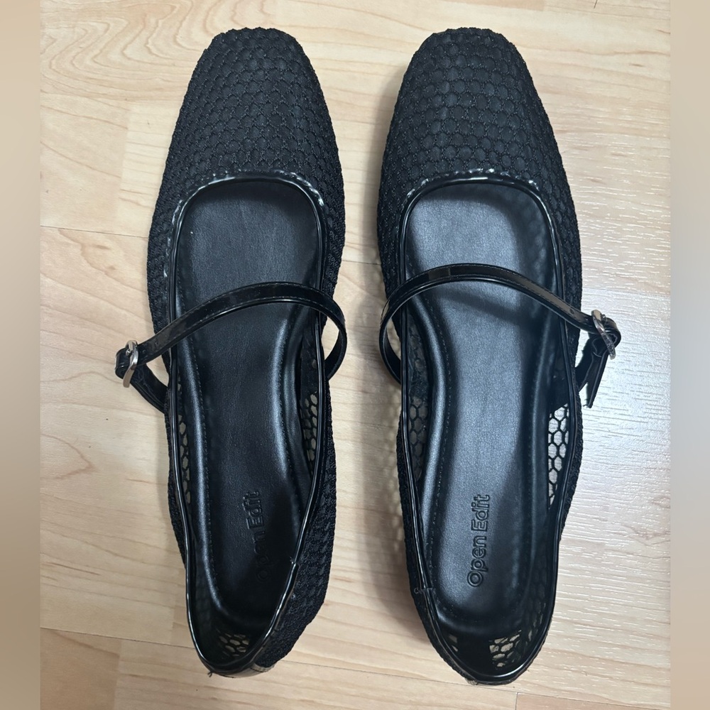 Open Edit Black Textured Mary Jane Flats